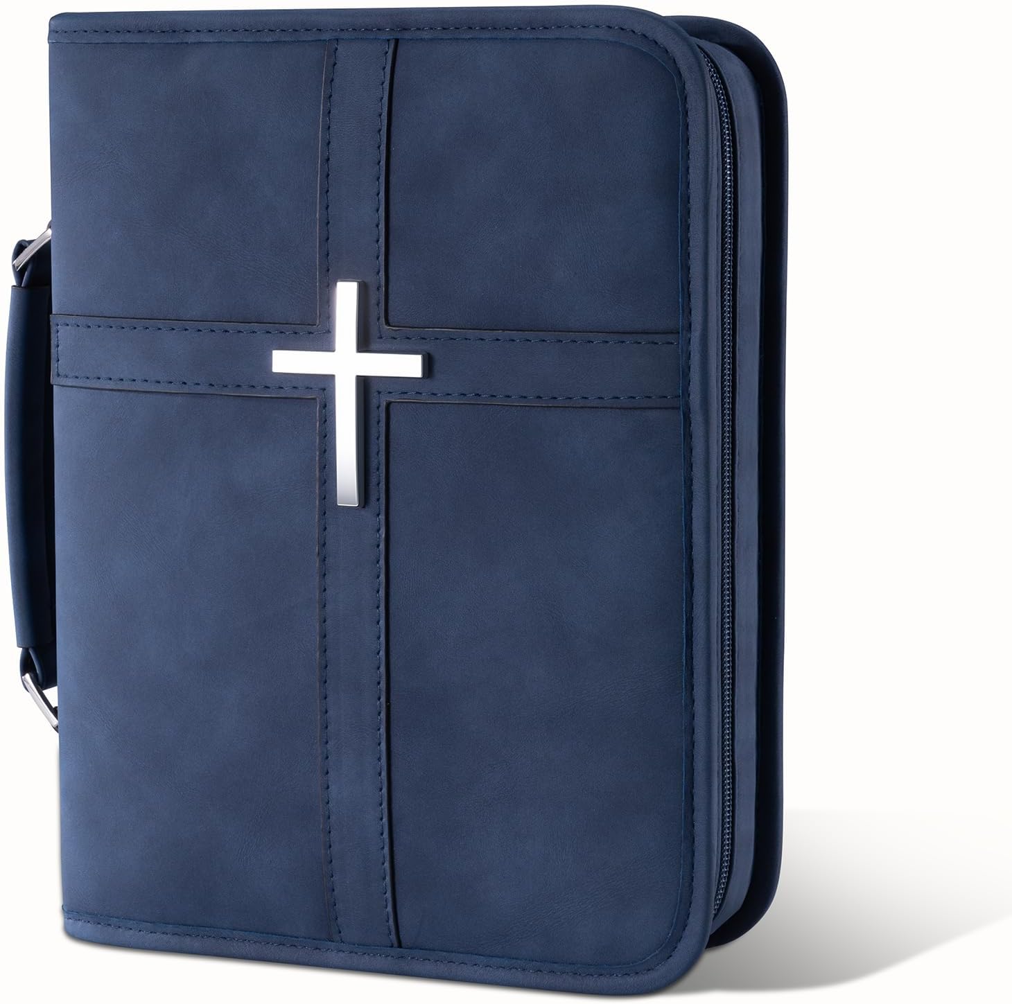 Bible Cover, PU Leather Bible Bag with Cross Design, Large Bible Carrying Case with Handle and Shoulder Strap, Christian Gifts for Men and Women (Blue)