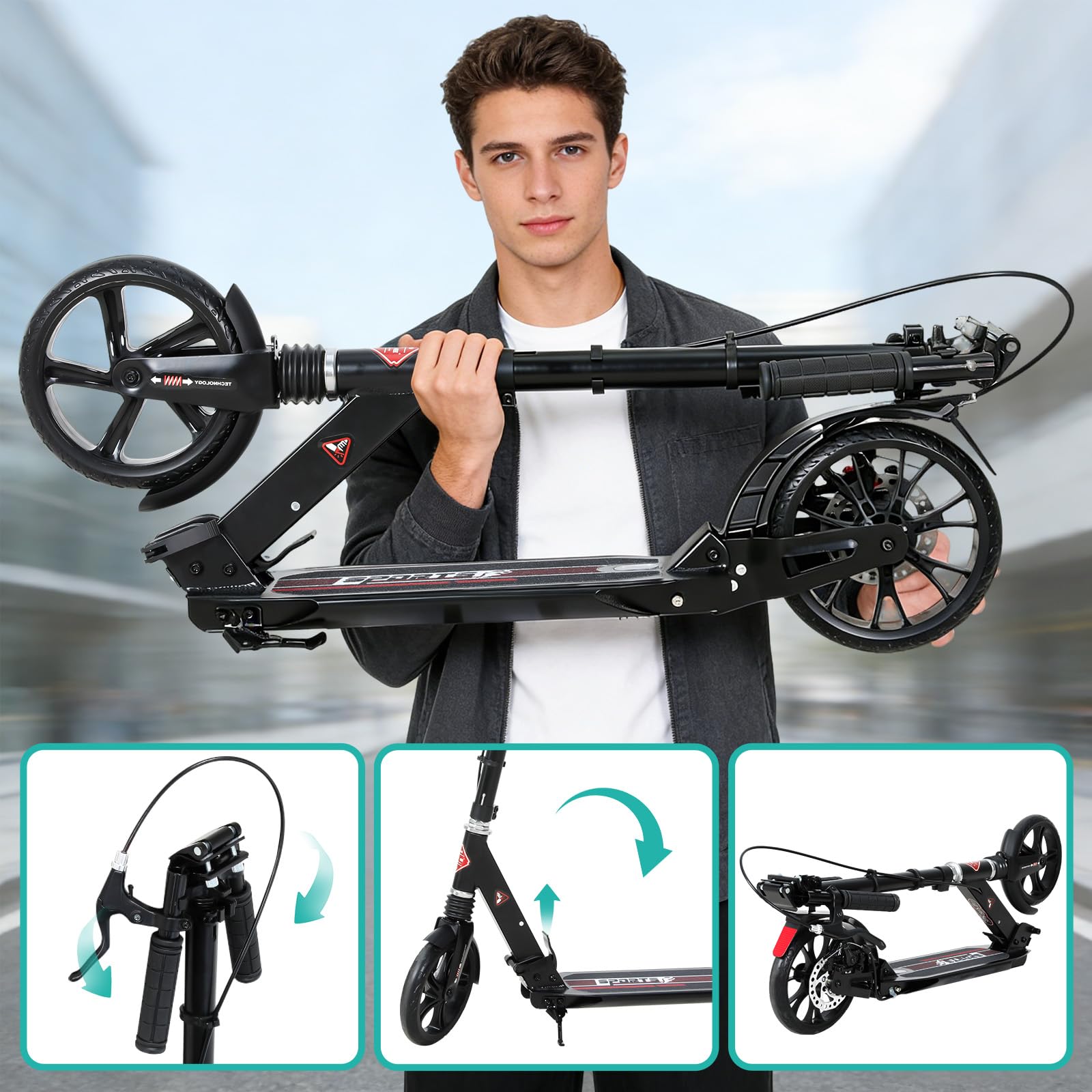 ISE Roller 200mm Big Wheel Scooter mit Doppelbremse & Federung - Klappbarer Cityroller für Erwachsene & Kinder Höhenverstellbarer Tretroller bis 100kg, inkl. Tragegurt & Handbremse