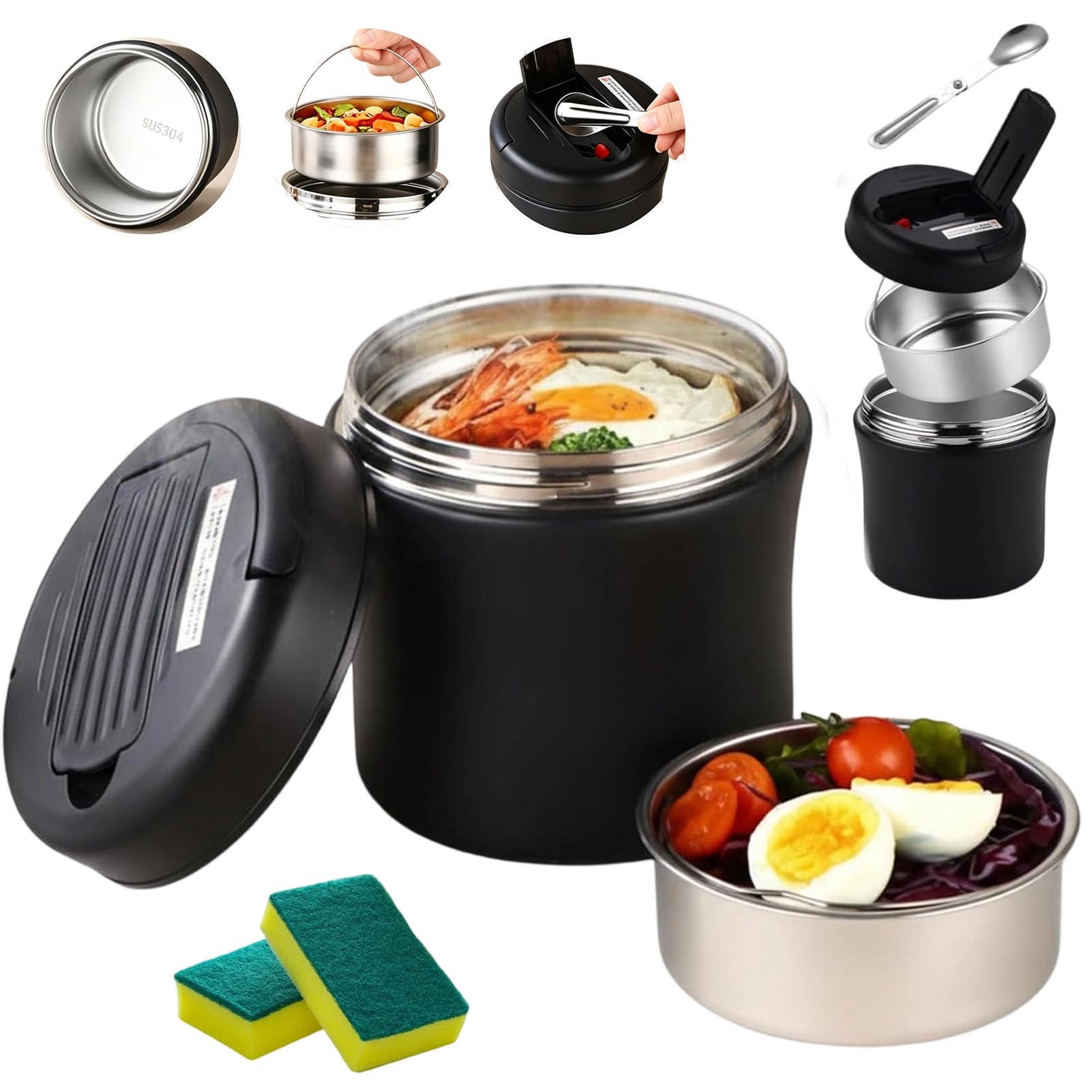 Food flasks for hot food soup flask, Stainless Steel lunch box (black,1.2L)