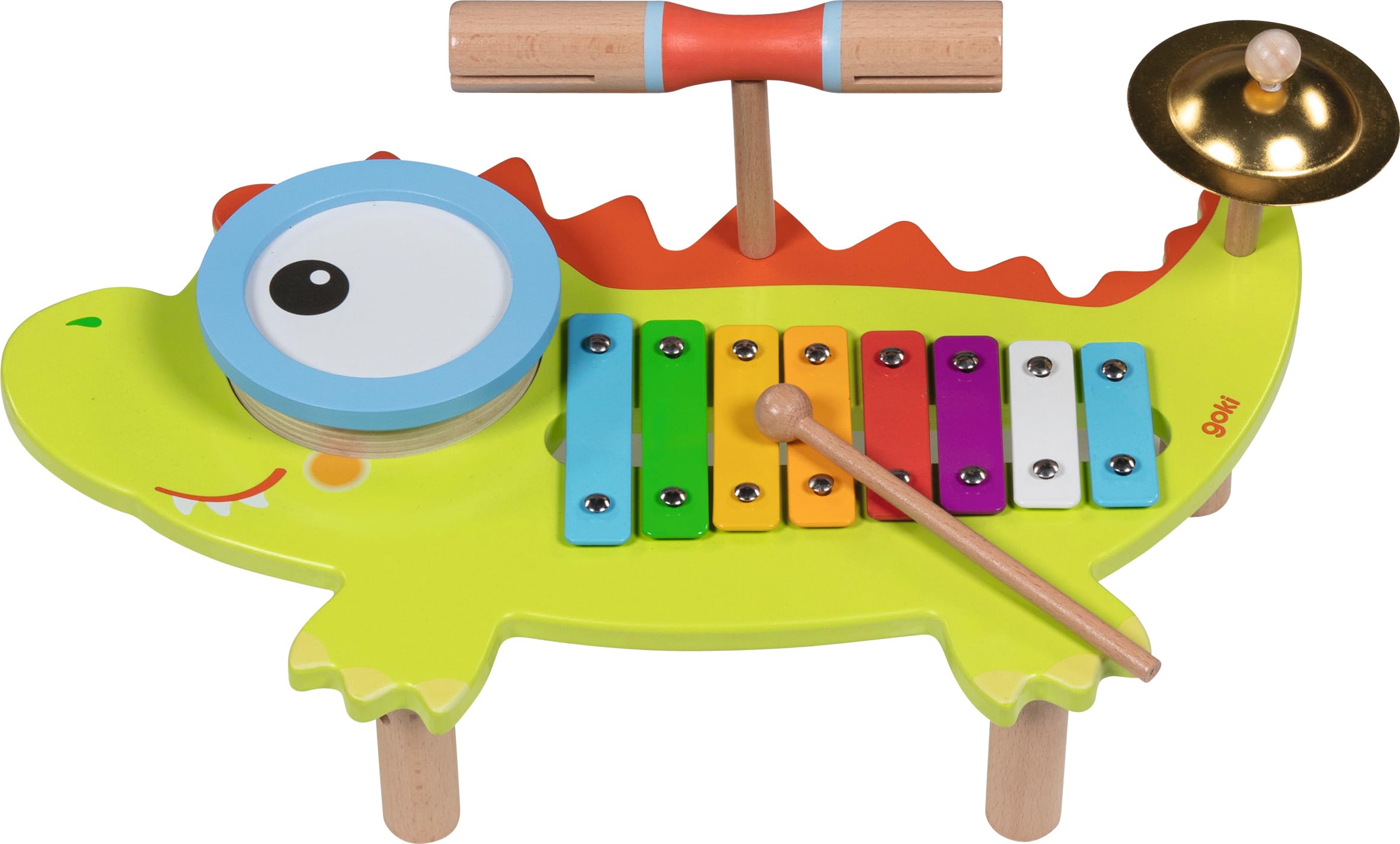 goki 61854 Music Station Crocodile Wood and Metal, Colourful Instruments such as Xylophones and Cymbals, Promotes Musical Interest and Auditory Perception, 41 cm x 25 cm x 12 cm, from 3 Years