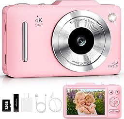 Digital Camera 4K Autofocus Vlogging Camera for Photography with 16X Zoom Anti Shake, 32GB Card, 48MP Compact Portable Point and Shoot Camera for Kids Boys Girls Teens Beginner（Pink）