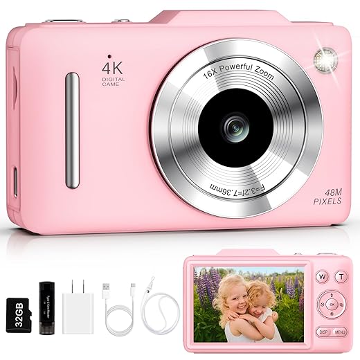 Digital Camera 4K Autofocus Vlogging Camera for Photography with 16X Zoom Anti Shake, 32GB Card, 48MP Compact Portable Point and Shoot Camera for Kids Boys Girls Teens Beginner（Pink）