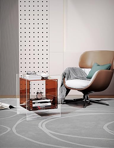 Miniatura 7 de Mesita de noche acrílica colorida con estante de almacenamiento abierto, mesa auxiliar transparente para sala de estar (1, marrón oscuro)