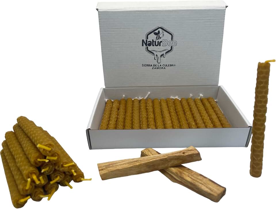 25 Velas de Miel de Abeja + Palo Santo para Rituales 100% Natural Cera Pura(25 Velas 11,5 cm x .1 cm aprox. y 2 Palo Santo) - Hechas a Mano - Origen España Sierra de La Culebra Zamora - SIN PARAFINA
