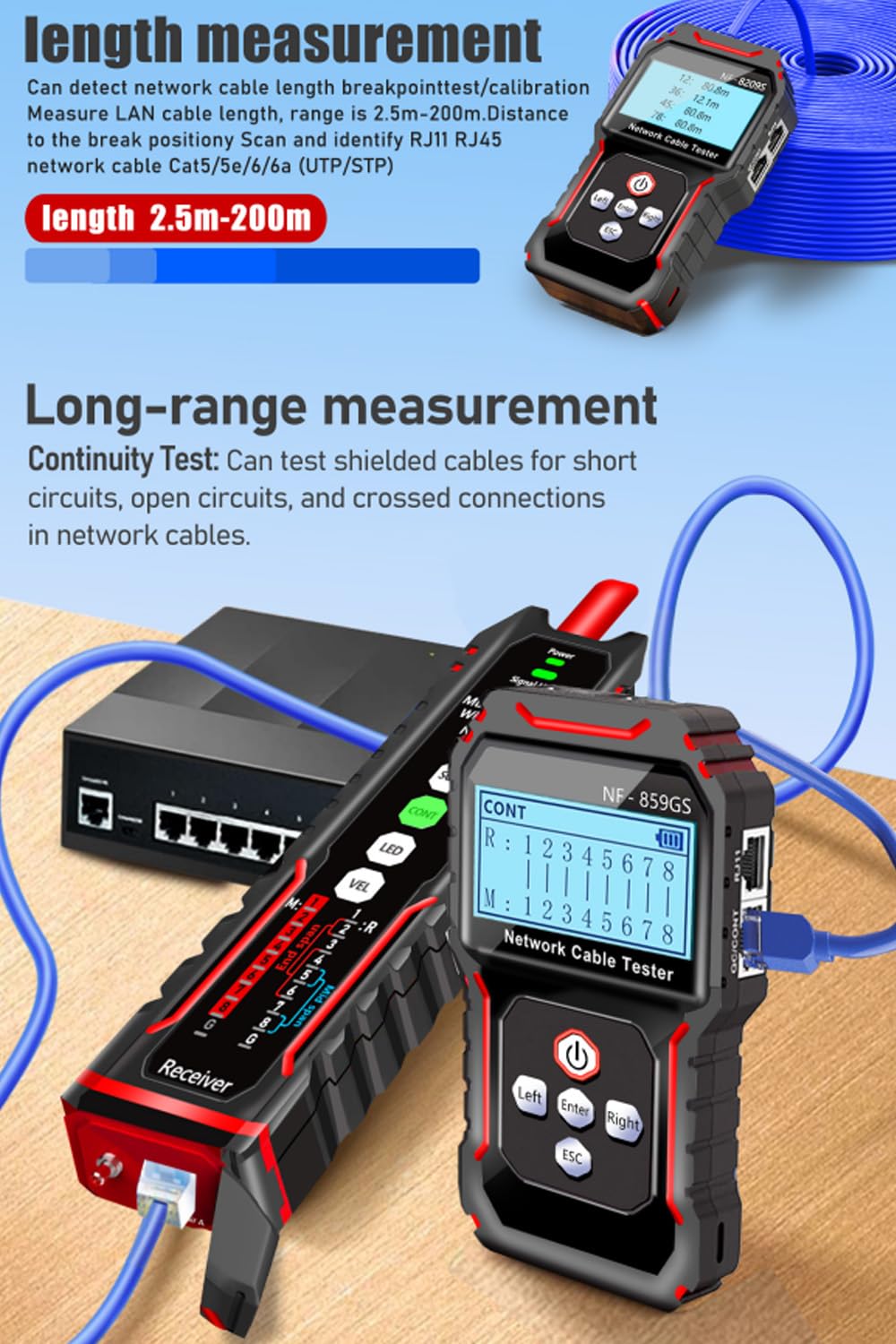 NF-859GS Network Cable Tester POE RJ45 RJ11 CAT5 CAT6 Supports Audio Testing/Length Measurement/Cable Tracking Ethernet LAN Telephone Line Inspection/Cable Toner/Fiber Optic Connectivity