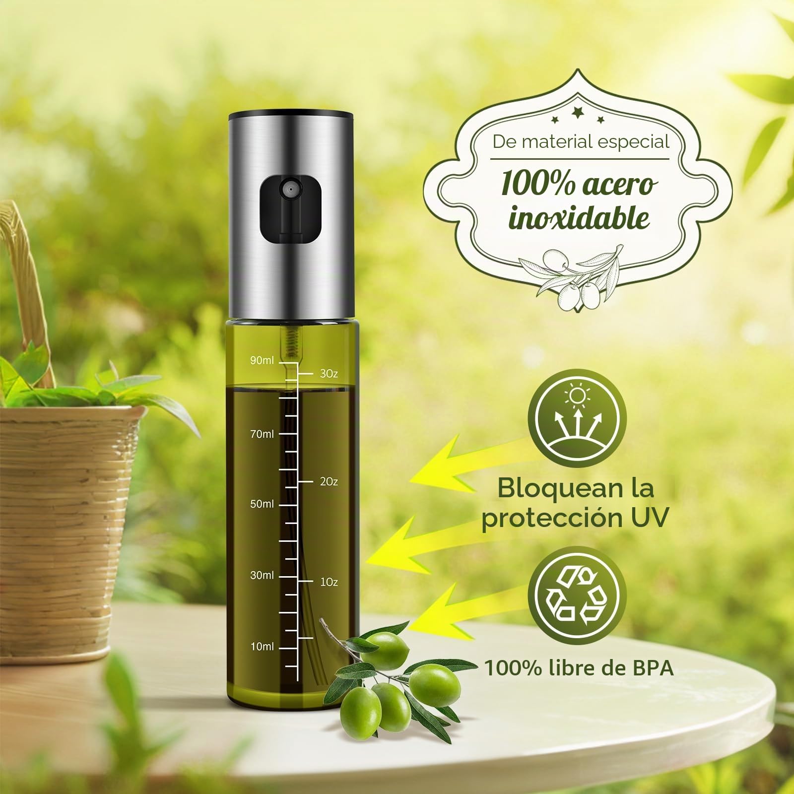 Zanfqvo Pulverizador Aceite Spray, 2PCS Spray Aceite Cocina Vidrio Especial con protección UV Verde, Dispensador de Aceitera Antigoteo Para cocinar, asar, ensaladas, freír en el aire