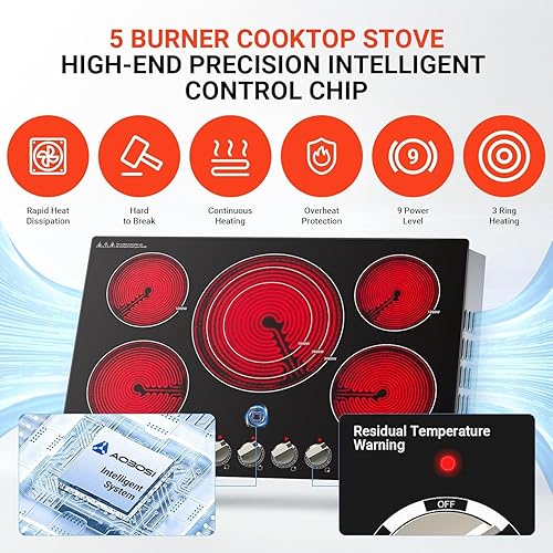 Miniatura 8 de AAOBOSI Cocina eléctrica de 30 pulgadas, 5 quemadores de 9000 W, control de perilla de cocina de cerámica integrada, estufa eléctrica, 9 niveles de