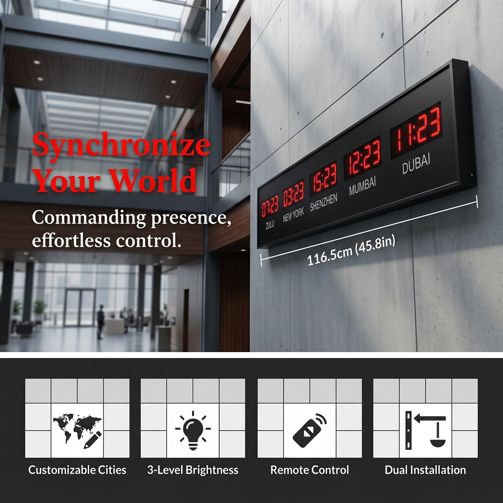 Orologio da parete digitale a LED con telecomando, display a 5 ore città, luminosità a 3 livelli, varie modalità di impostazione per hotel e aeroporti