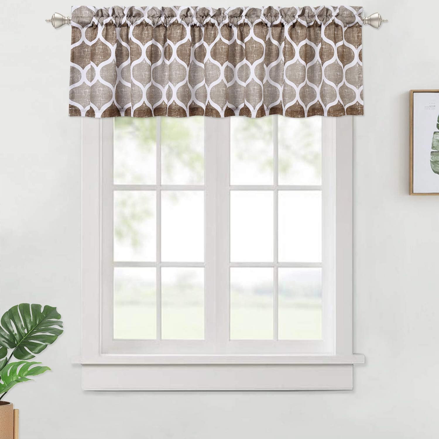 LinTimes Geometric Pattern Valance for Bathroom, Moroccan Design Valance Curtains for Windows, Rod Pocket Kitchen Valance Curtain Cafe Curtains, 56" x 15", Taupe/Brown, One Panel