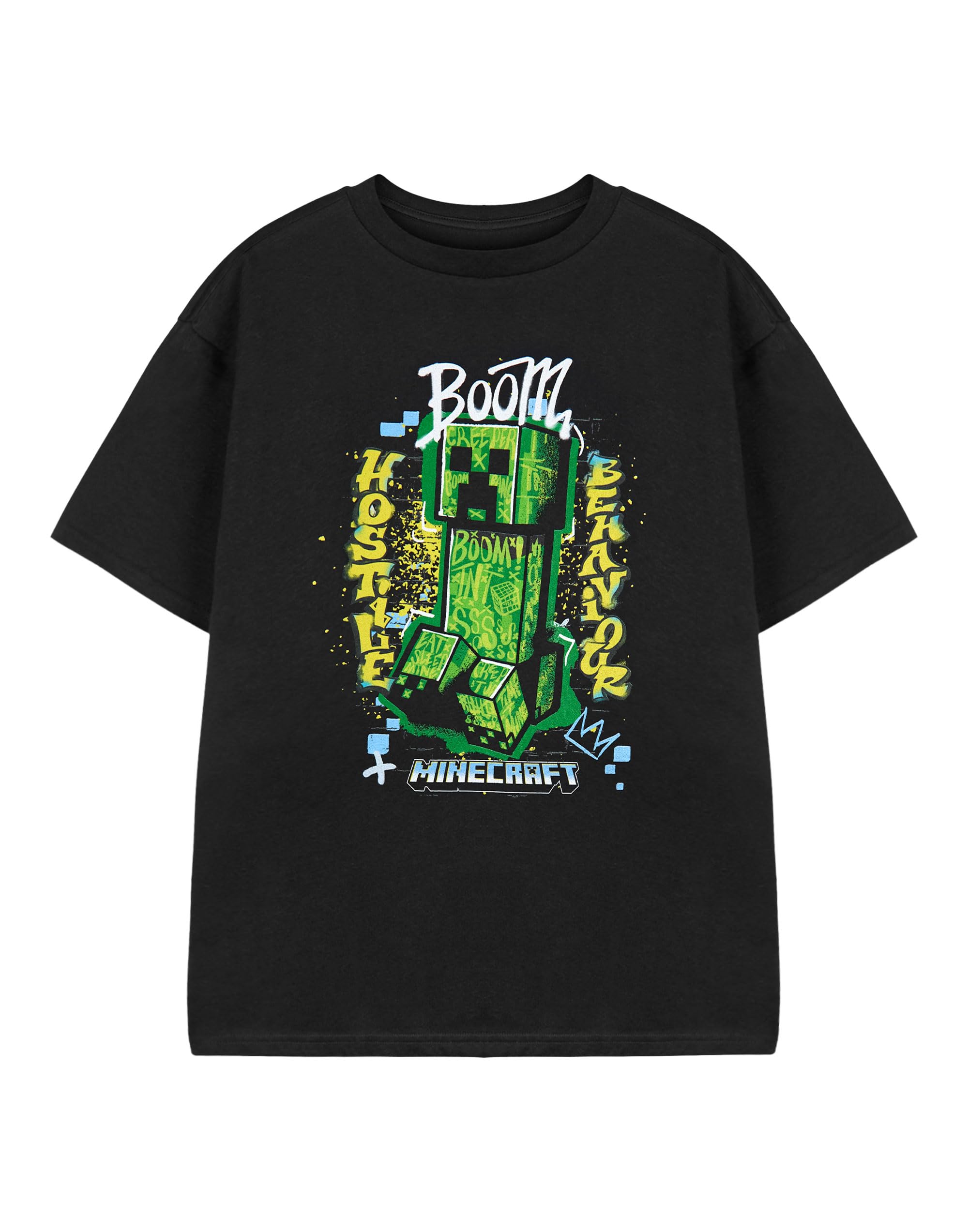 Minecraft Boys Hostile Behaviour Creeper Black Graphic Tee | Boom Short Sleeve T-Shirt For | Casual Crew Neck Top | Iconic Gaming Character Apparel Merchandise