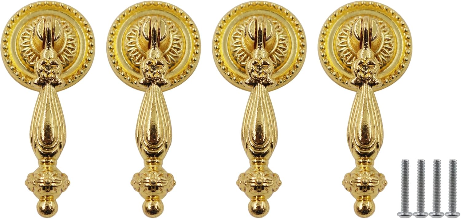 Tear Drop Cabinet Knobs,Furniture Decorative Pull Handles, Zinc Alloy Pendant Handle Pull,4PCS Antique Americanism Knobs with Screws for Drawer,Dresser Golden, 32.7x87mm/1.29x3.43'' 32.7x87mm/1.29x3.43'' Gold