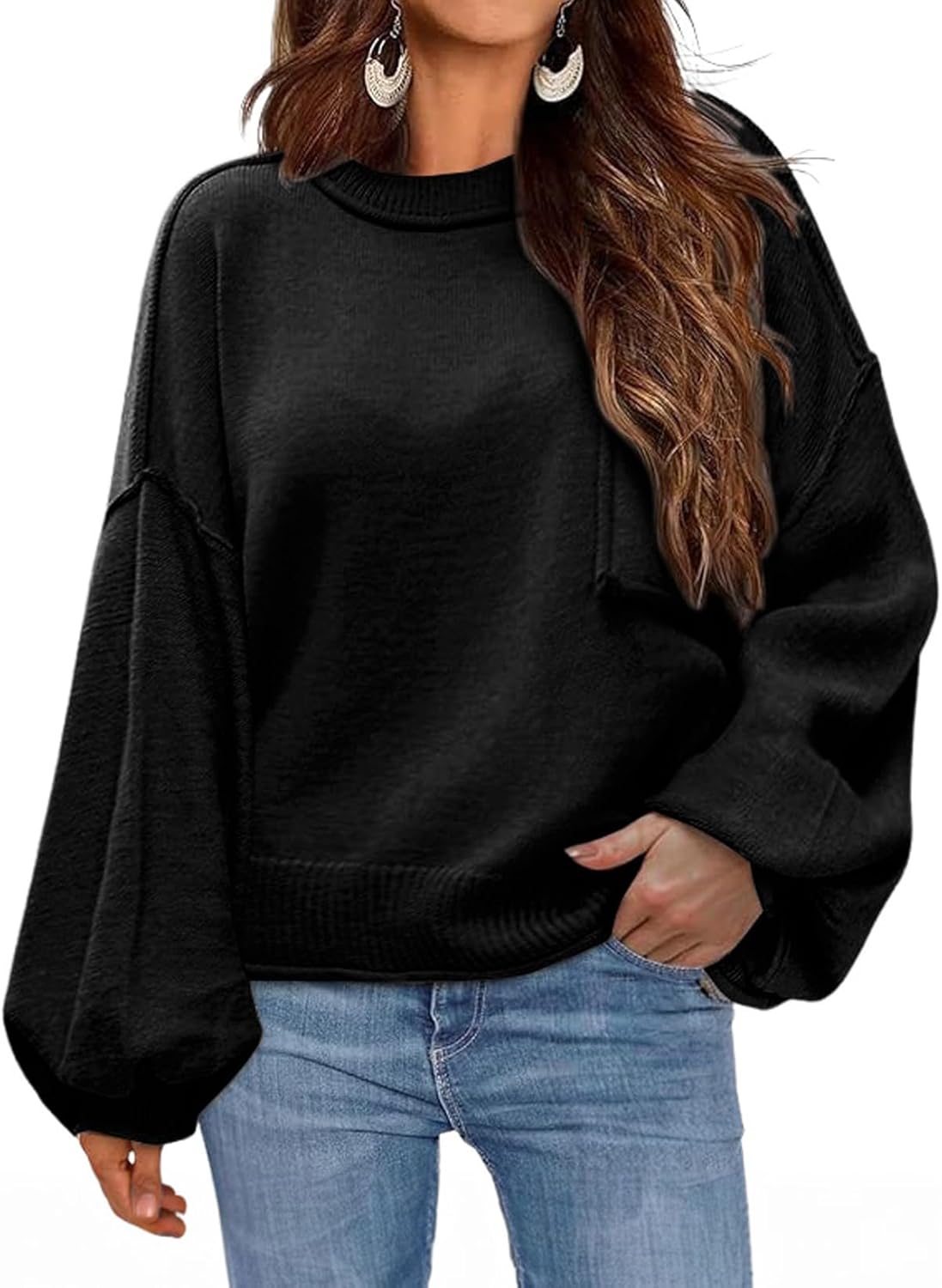Dokotoo Women's Sweater 2025 Fall Winter Long Sleeve Casual Tops Ribbed Hem Knitwear Lantern Pullover Sweater
