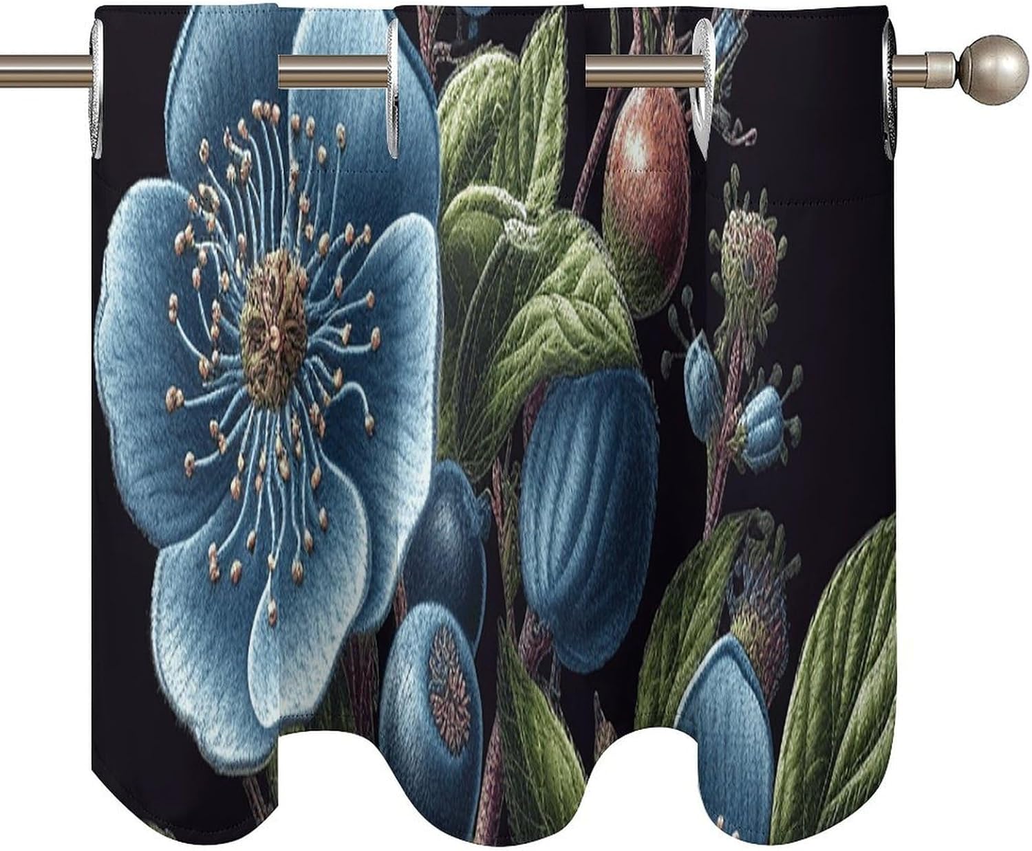 Blueberry Applique Valance for Windows, 2 Pack Kitchen Curtains Modern Home Decor, Soft Blackout Window Curtains for Living Room & Bedroom, 18 X 52 Inch