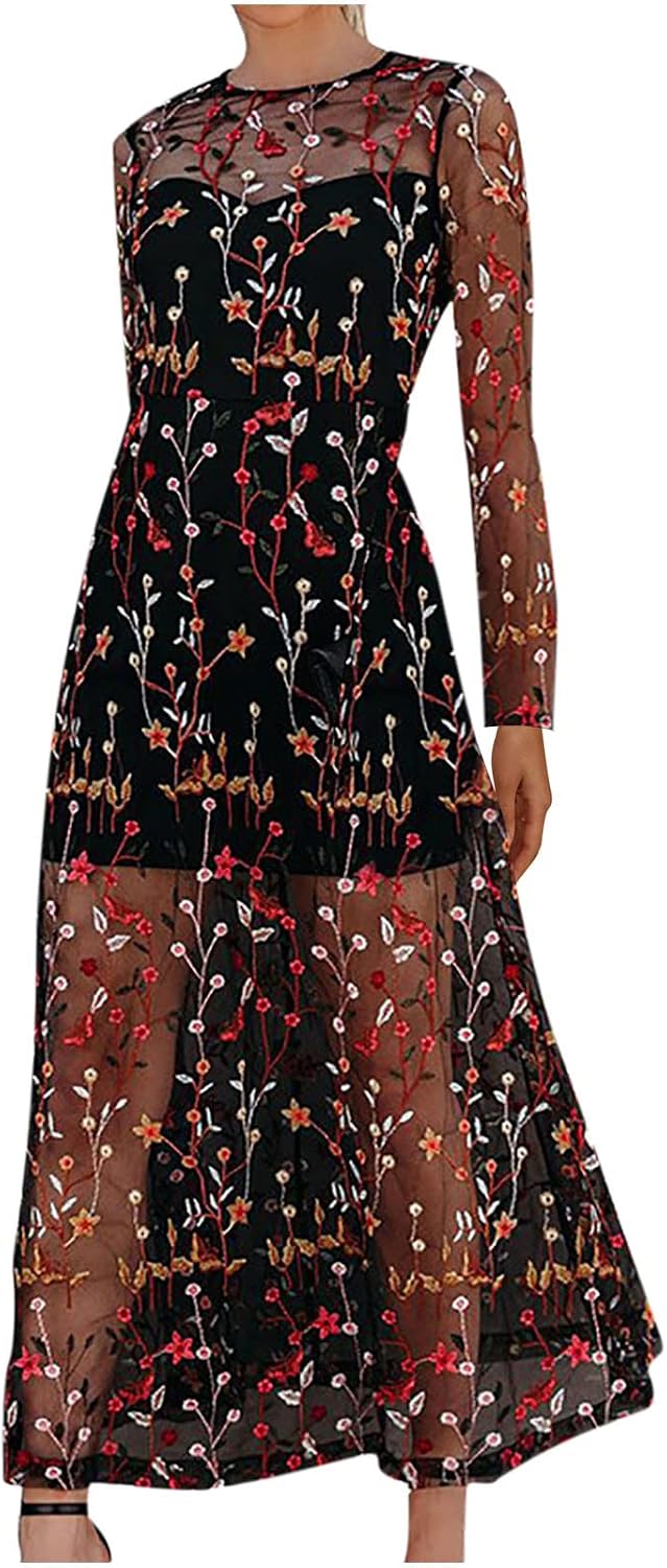 Women Embroidered Dress Floral Mesh 