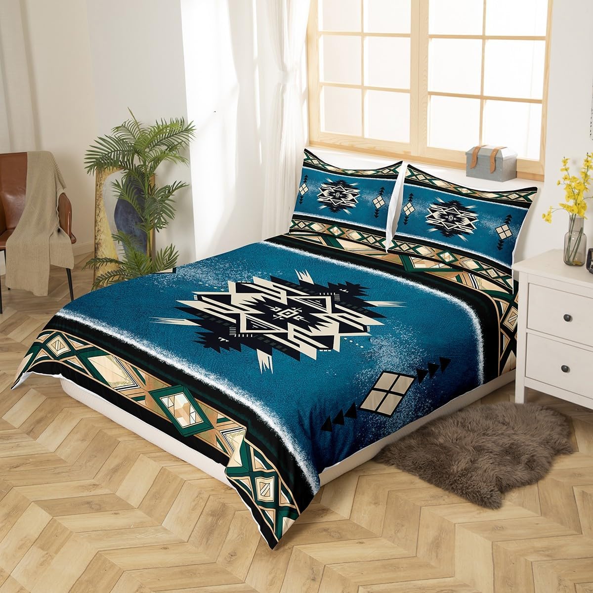 Manfei Aztec Duvet Cover Set King Size, Native American Bedding Set 3pcs for Kids Boys Girls, Retro Tribal Geometric Boho Comforter Cover Soft Polyester Quilt Cover with 2 Pillowcases,No Comforter
