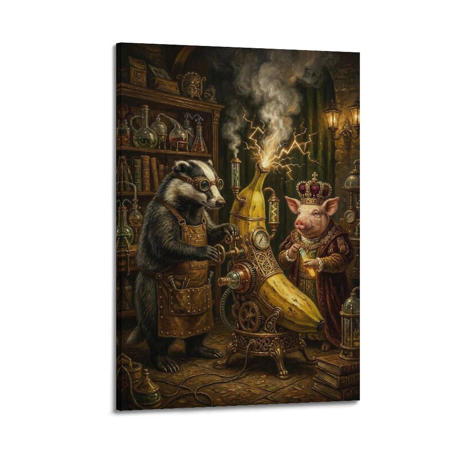 XKUGA Surreal Steampunk Animal Poster Badger Banana Experiment Modern Decorative Canvas Prints - Ideal Wall Art for Family, Man Cave, Game Room, Boys & Girls Bedroom 24x36inch(60x90cm)