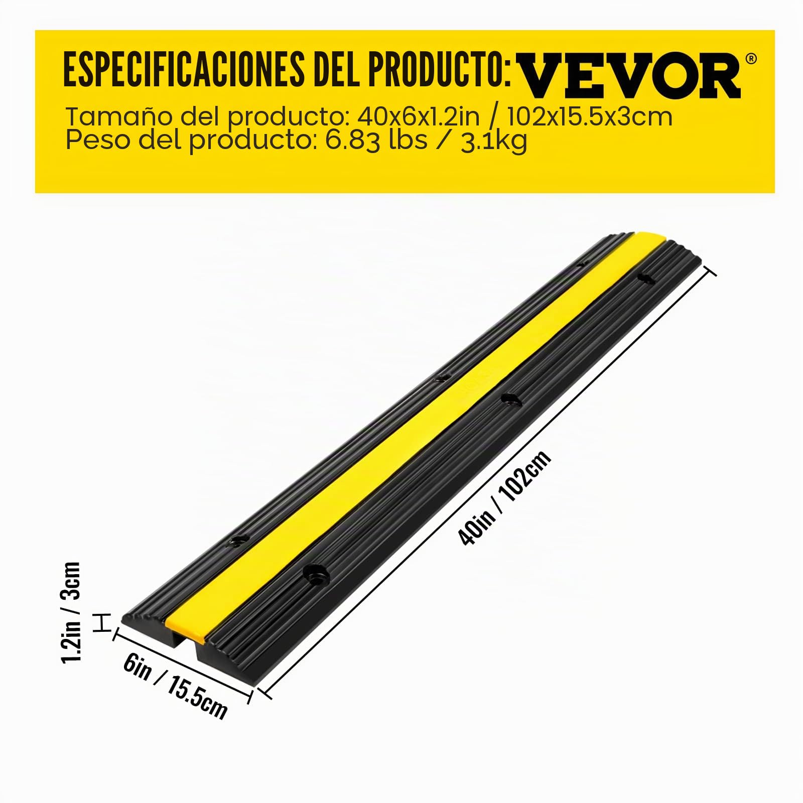 VEVOR Protector de Cables para Suelo Carga de 8164 kg Pasacables Suelo 102 x 15,5 x 3 cm Canaleta Cables Suelo el Reductor de Velocidad para Protección de Cables Eléctricos
