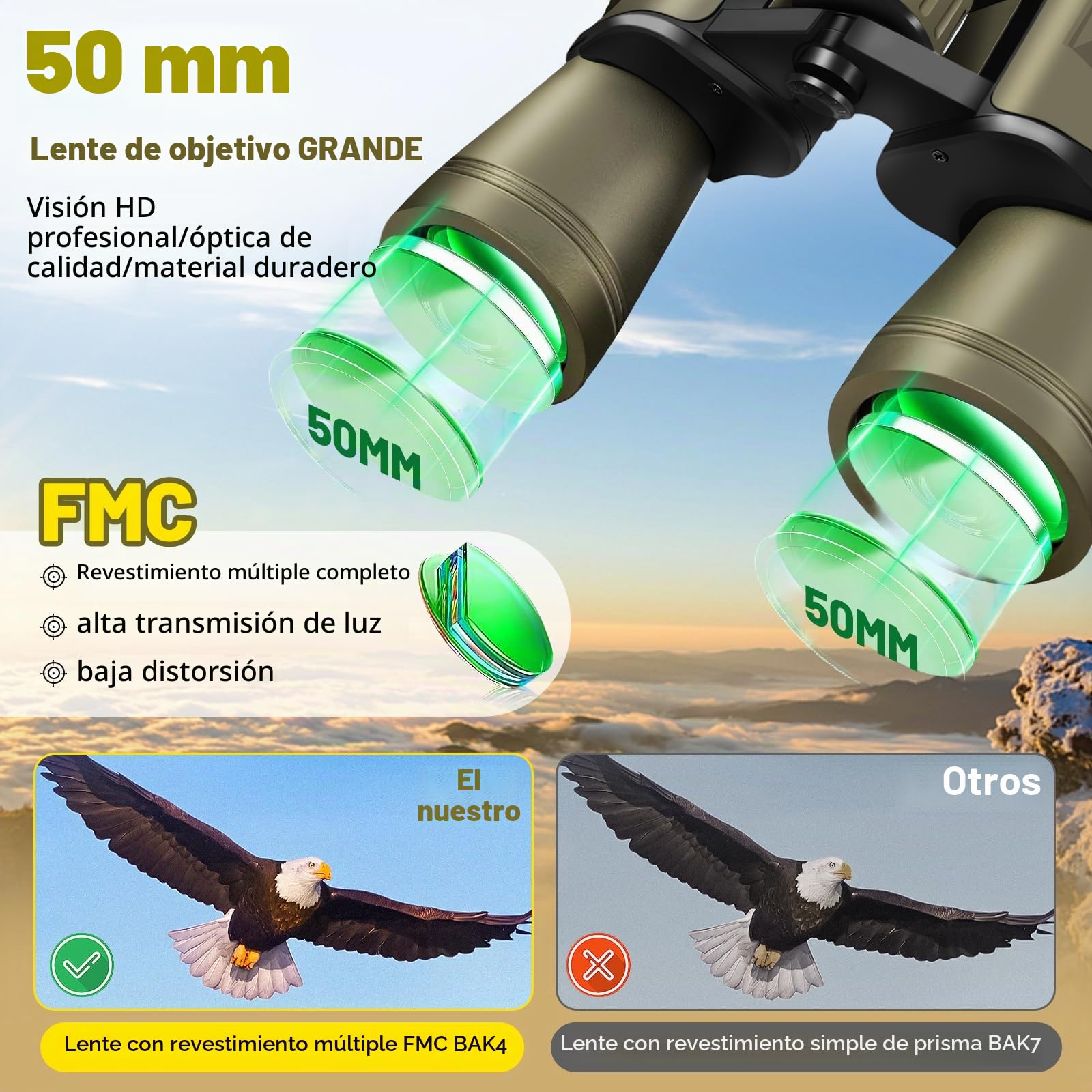 Prismáticos 20x50 para Adultos con visión Nocturna Prismáticos HD Impermeables con Prisma BAK4 y Lente FMC Telescópicos Portátiles para Observación de Aves y Conciertos con Adaptador para Smartphone