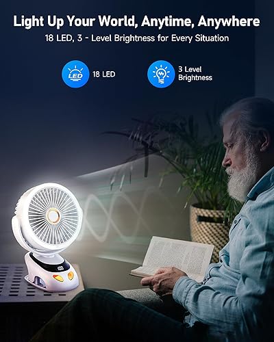 Vista 7 de Ventilador de clip recargable con luz LED, batería de 10000 mAh y pantalla digital, 40 horas, ventilador de escritorio silencioso de 5 velocidades