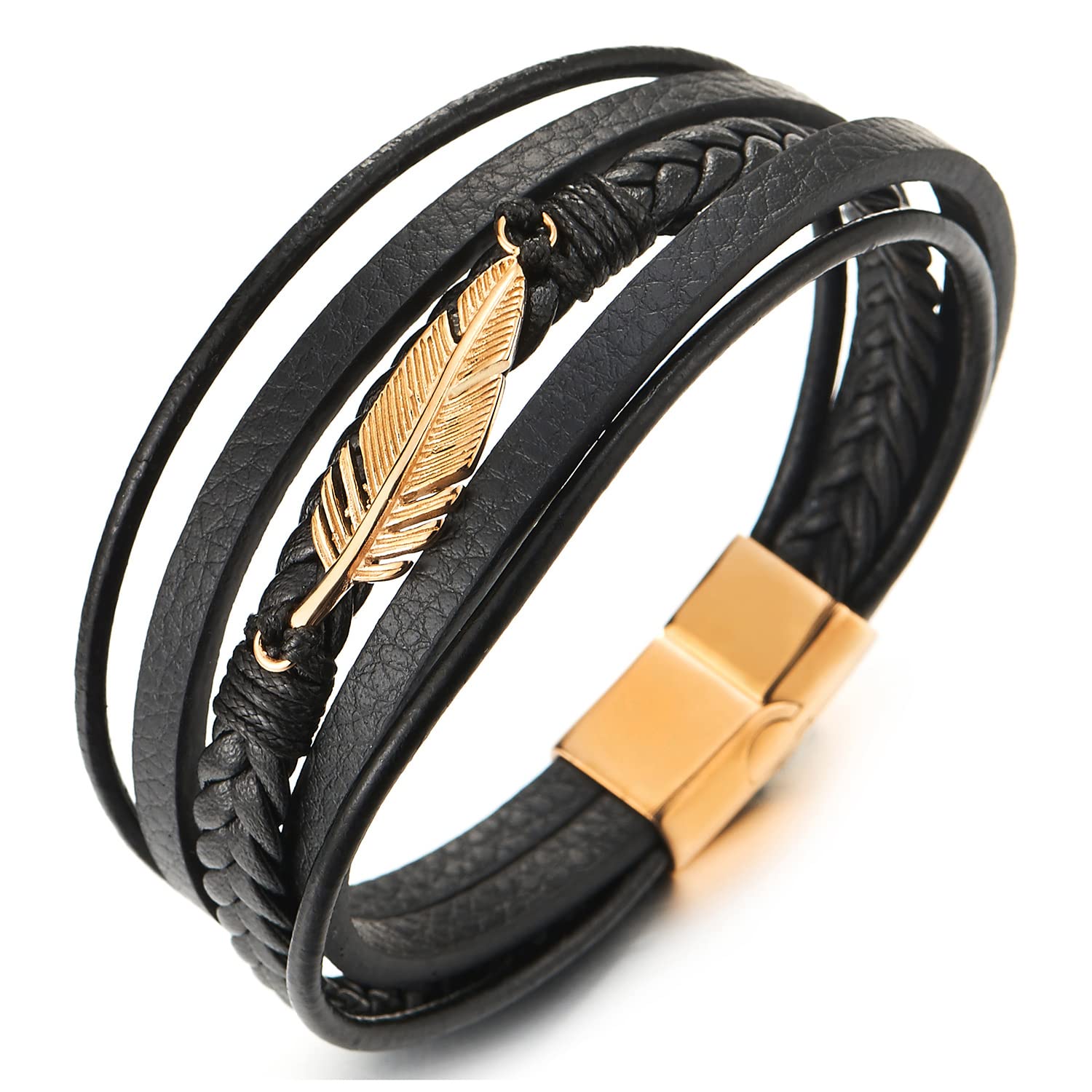 COOLSTEELANDBEYONDAcero Inoxidable Pluma Multi-Hilo Negro Trenzado Cuero Genuinode Pulsera, Hombre Mujer Brazalete