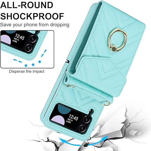 Miniatura 5 de Asuwish Funda para teléfono Samsung Galaxy Z Flip 4 5G 2022 con anillo de bloqueo RFID, correa cruzada para muñeca, soporte para tarjeta de crédito,