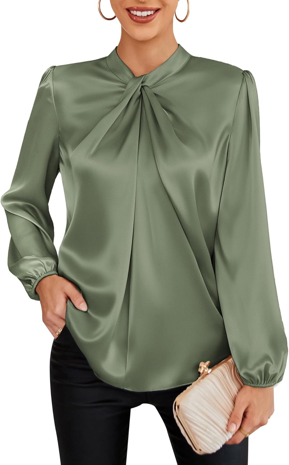 GRACE KARIN Women's Long Sleeve Satin Blouse,Mock Neck Work Silk Shirts,Dressy Tops for Business Casual Office