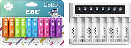 EBL Baterías AA recargables con cargador de batería - Baterías recargables AA parcialmente precargadas de 2500 mAh 10 paquetes y cargador de batería