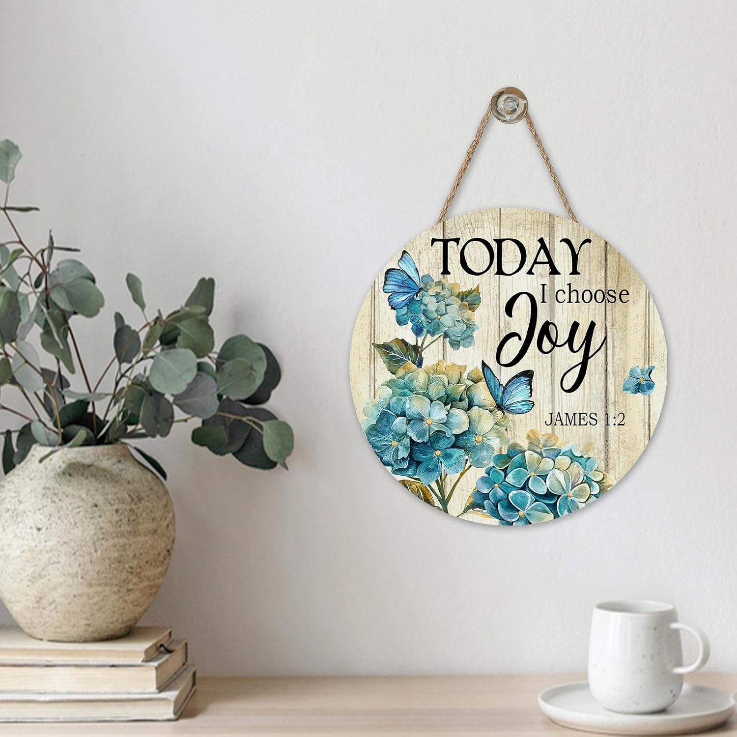 Christian Blue Hydrangea Flower Front Door Sign, Retro Religious Bible Verse Today I Choose Joy James 1:2 Butterfly Wood Plaque Hanger, Spring Summer Scripture Wooden Wreath Wall Hanging Decor