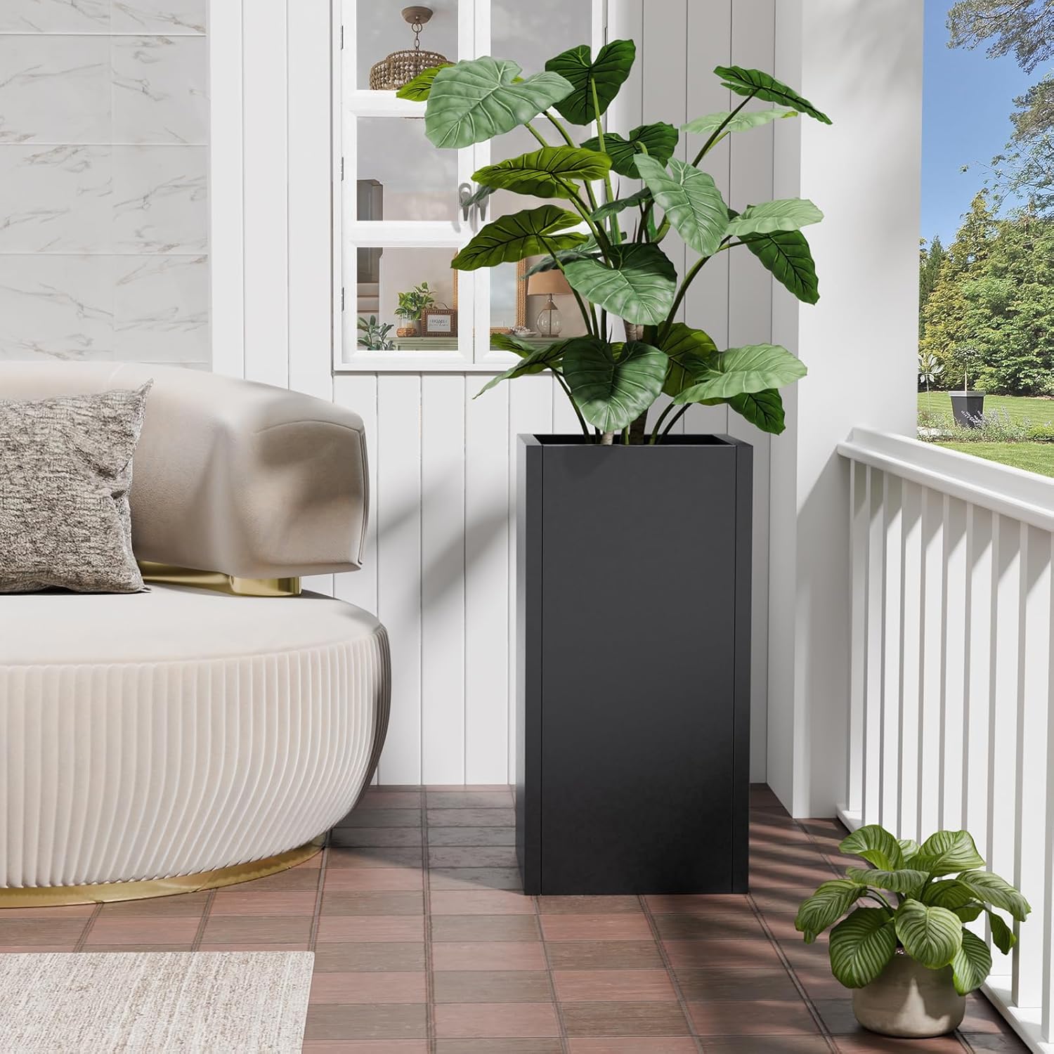 Tall Metal Planters Box for Outdoor Plants 2 Pack- 23.6" H Steel Tall Square Planter with Removable Insert Shelf, Modern Heavy Duty Pedestal Planter Front Porch Decor Patio Garden, Black