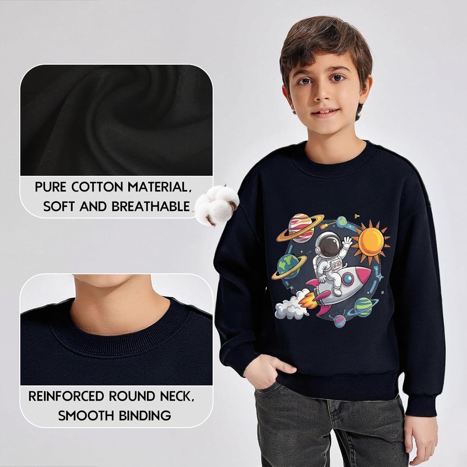 Boy Sweatshirts Cotton Crewneck Sweatshirt Kids Long Sleeve Pullover Space Astronaut Print Top For Teens