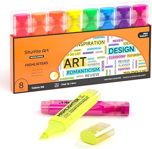 Shuttle Art Resaltadores, 8 bolígrafos resaltadores de colores surtidos, punta de cincel de secado rápido, marcadores no tóxicos para adultos y
