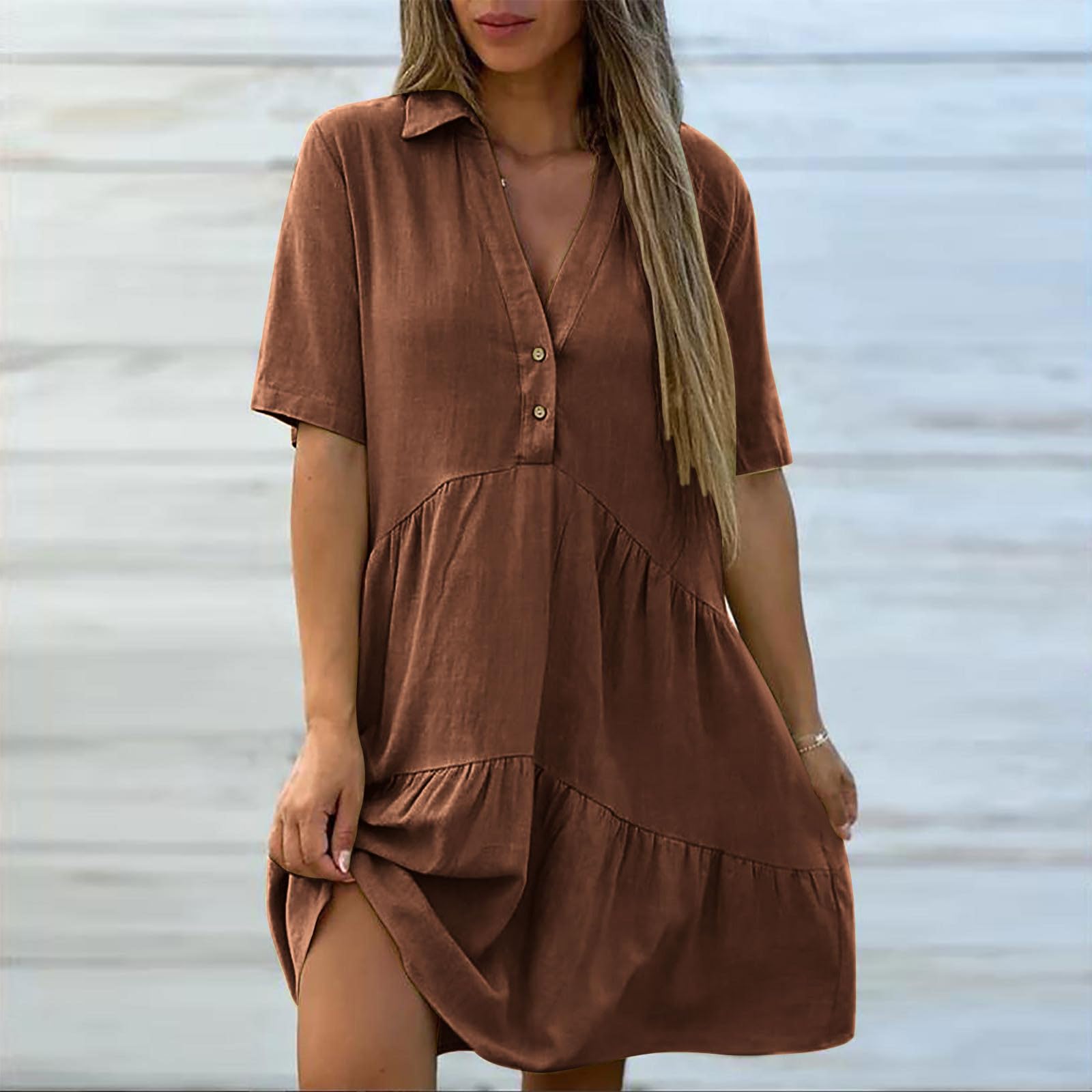 Womens Cotton Linen Dresses Summer Casual Loose Fit Sundress V Neck Button Down Short Sleeve Mini Dress - 4