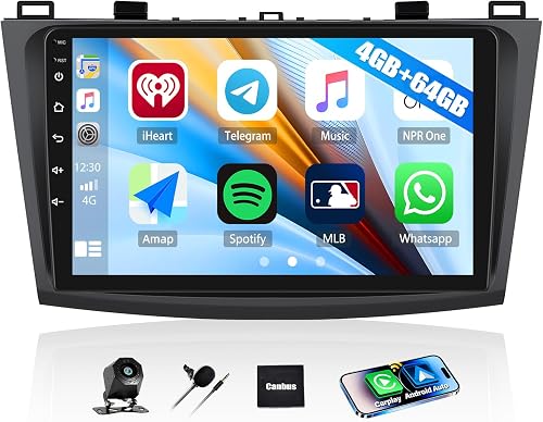 4G+64G Car Stereo Radio for Mazda 3 2010-2013 Wireless CarPlay Android Auto 9 Inch 1280 * 720 Touch Screen Stereo Android 15 Head Unit Bluetooth 5.0 32EQ GPS WiFi FM HD Backup Camera