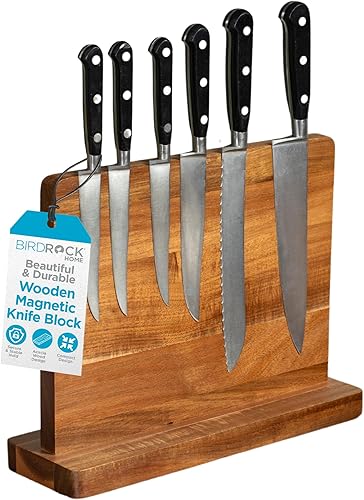 BIRDROCK HOME Bloque magnético de madera para cuchillos  Almacenamiento de cuchillos de madera de acacia  Soporte magnético fuerte de doble cara