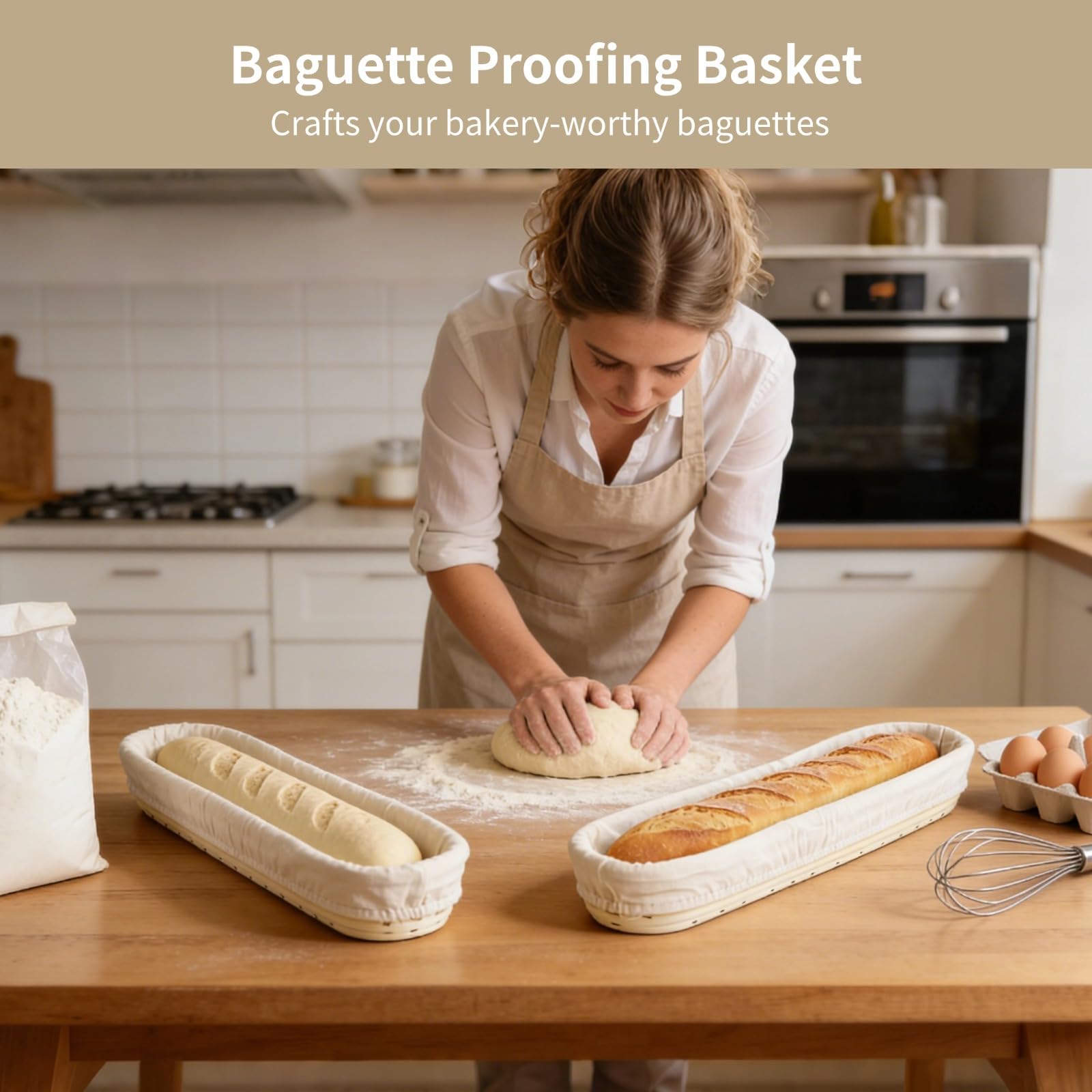 2 Stk. Baguette-Gärkörbe, 42,4 x 7,9 x 5,6 cm, aus natürlichem Rattan, handgeflochten, für Sauerteig und lange Brote, mit Stoffeinlagen, für Hobbybäcker und Bäckereibedarf