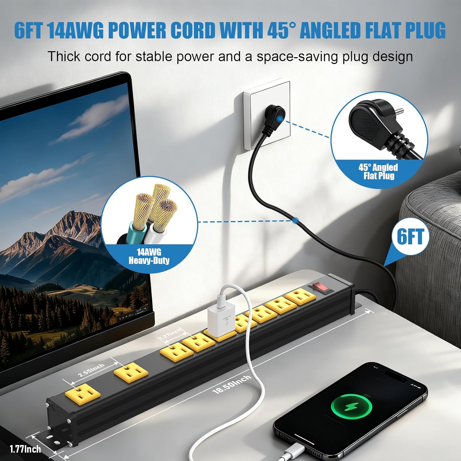 9 Outlet Heavy Duty Metal Power Strip, Wall Mount with 2.55 inch Wide Spacing, 6 FT Flat Plug Extension Cord with Switch, 1875W 15A 125V, ETL Listed for Garage Workshop Home Office (9 Outlets Wide)