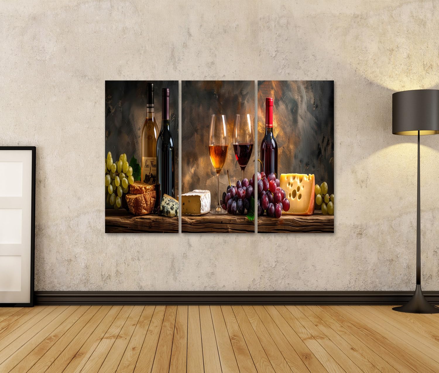 islandburner Primer cuadro sobre lienzo bodegón rústico con botellas de vino vasos uvas queso pan sobre mesa de madera cuadros cuadros murales póster