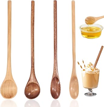 4 Pcs Long Wooden Spoons, Wooden Honey Spoon, 7.9 Inch Wood Mixing Spoons for Eating, Japanese Style Kitchen Utensil, Applies to Kitchen Bar Restaurant