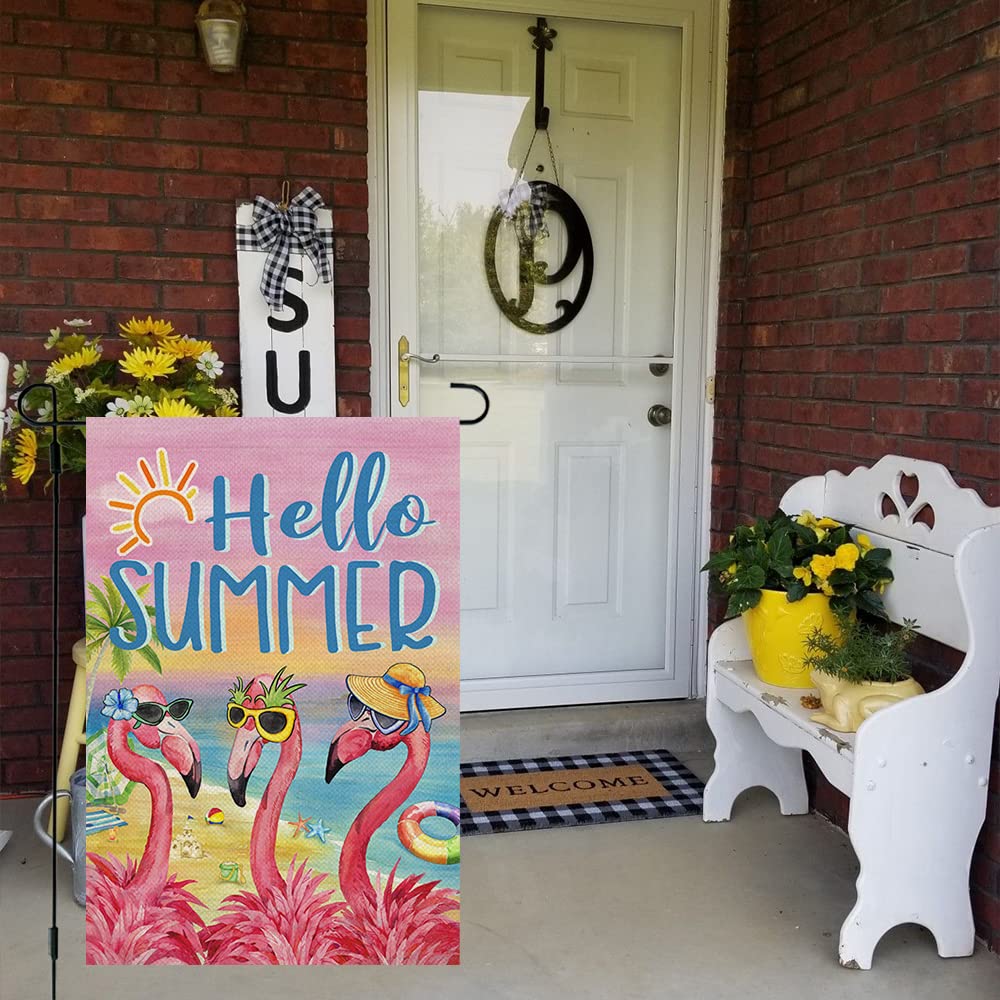 CROWNED BEAUTY Gartenflagge „Hello Summer“ – Flamingo-Design, Doppelseitig, 30,5 X 45,7 Cm, Wetterfest