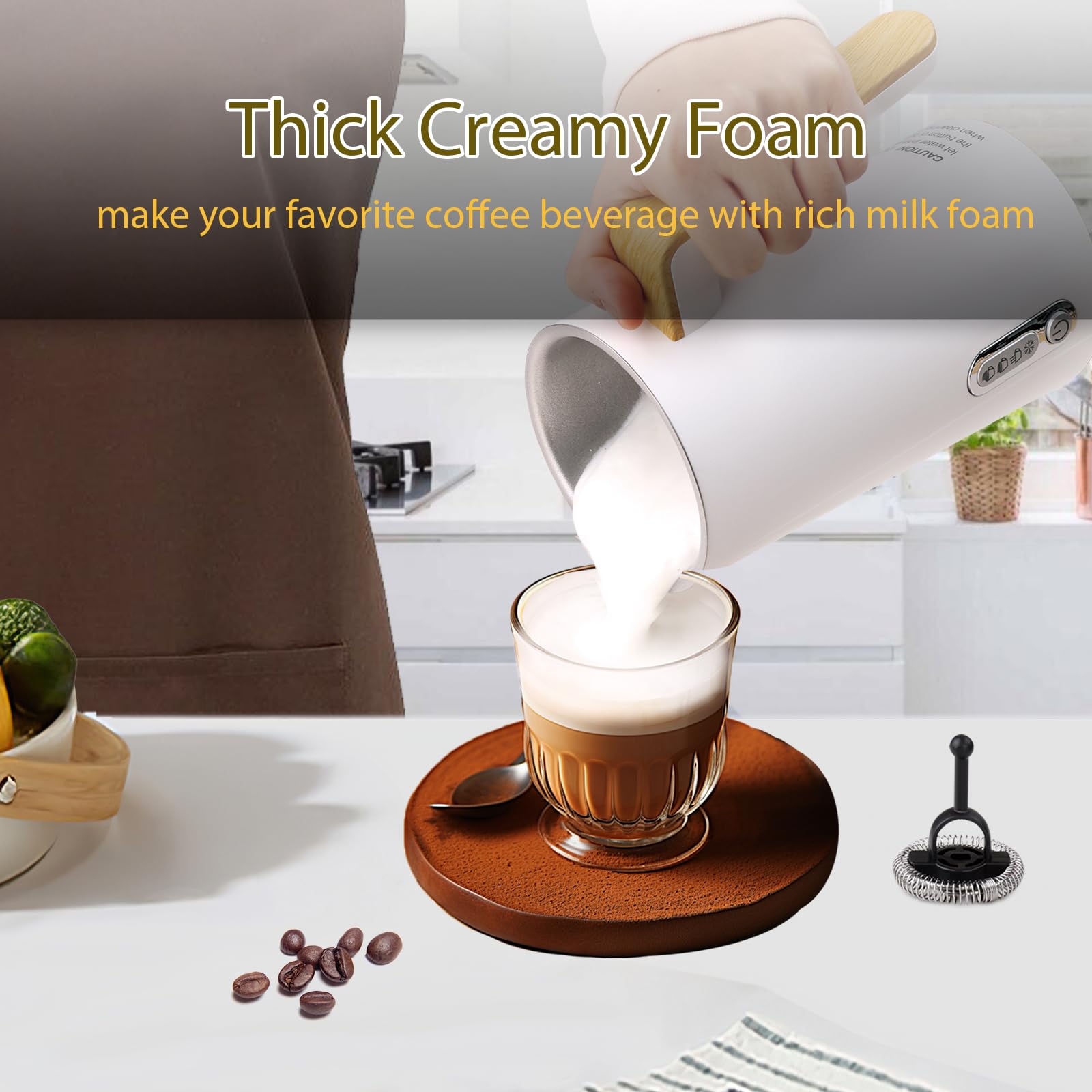 Elektryczny spieniacz do mleka i parowar 4 w 1 z elementami drewnianymi, automatyczny zaparzacz do gorącej i zimnej pianki do latte, cappuccino, macchiato, podgrzewacza do mleka, czarny (biały)