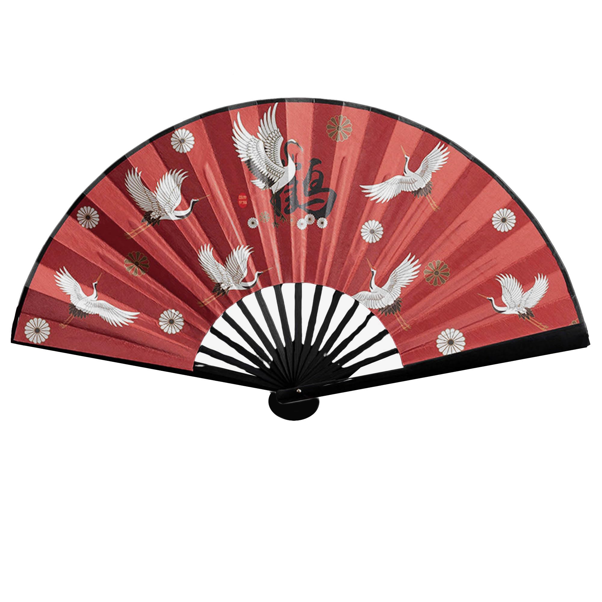 GFM® Extra Large Double Sided Wooden Folding Fan Wall Hanging Decoration, Dance Performance, Home Decoration Ornament (Crane Red)(FAN-F500-17)