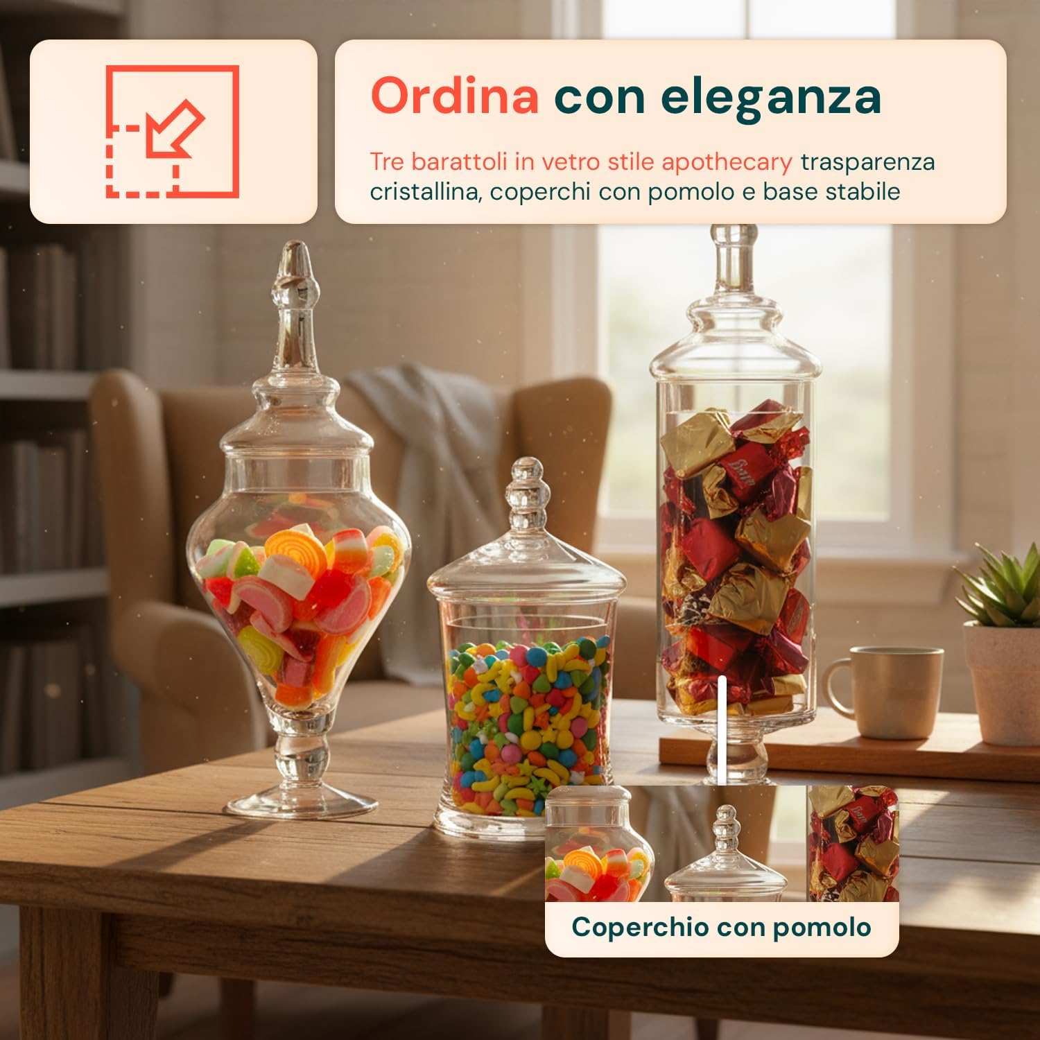 Wintem – Set 3 Contenitori Vetro con Coperchio Ermetico Trasparente per Alimenti, Ideali per Cucina, Dispensa e Buffet, Capacità Variabile Facili da Usare e dal Design Elegante