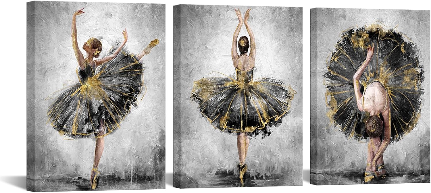 iHAPPYWALL 3 Pieces Ballerina Wall Art Elegant Ballet Girl Dancer Grey and Gold Contemporary Artwork for Bedroom Dance Room Living Room Ready to Hang 12x16inchx3pcs