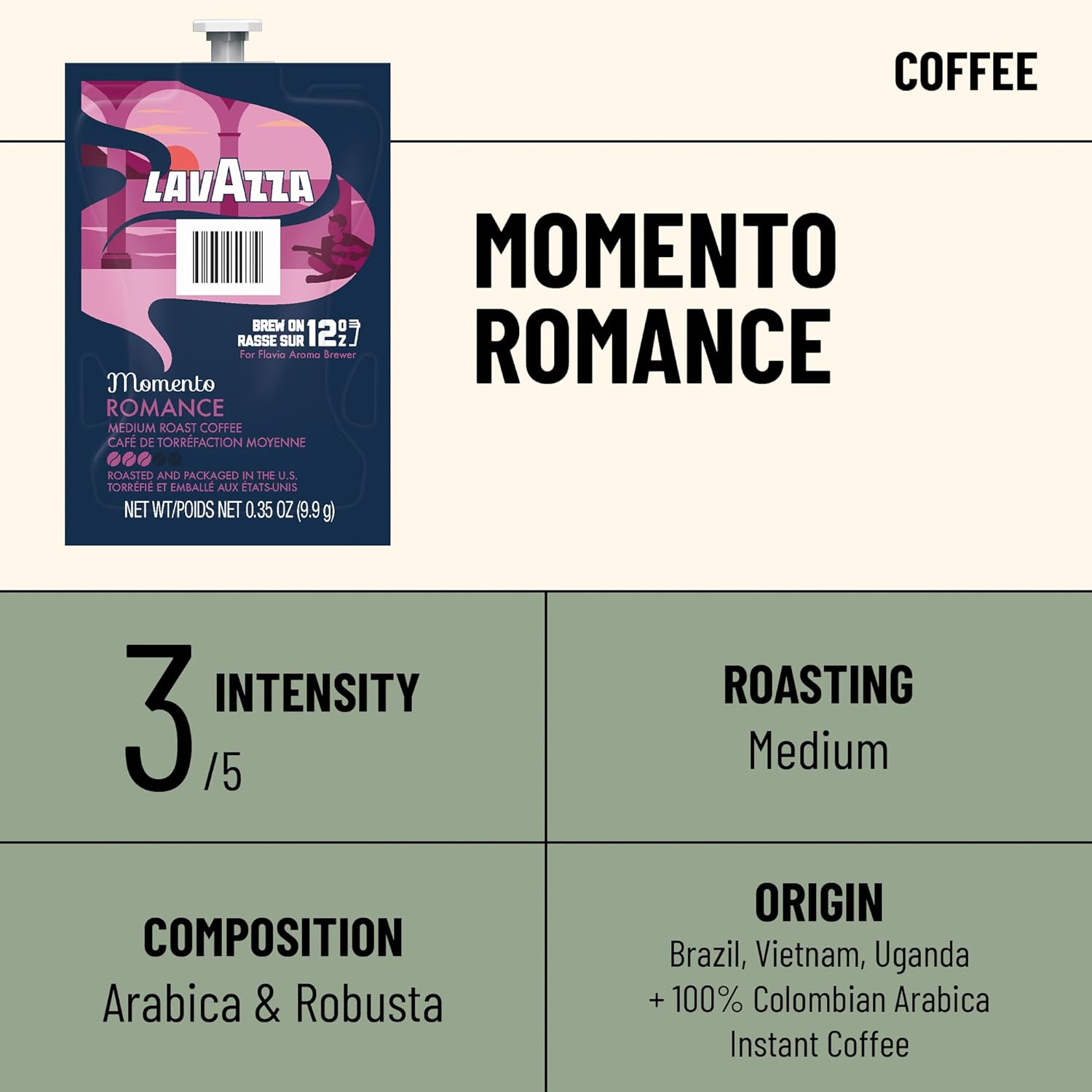 Flavia Lavazza Momento Romance 12 oz Coffee Freshpacks works only with Flavia Aroma Brewer, Medium Roast (Case of 38)