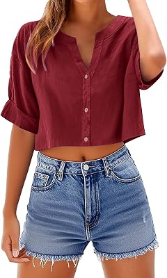 💎 81% MEGA DEAL! UHouse Kurze Bluse Damen Musselin Leinenbluse Sommer Crop Tops Elegant Blusentop Bauchfreies Damenblusen Casual Leichte Sommerbluse V-Ausschnitte Hemdbluse