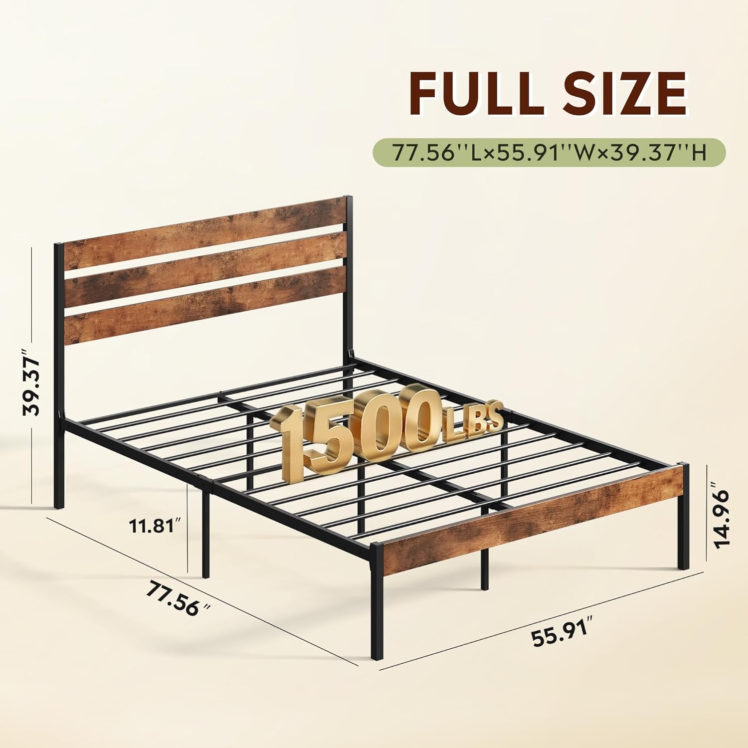 WLIVE Full Size Bed Frame with Headboard, Metal Platform Bed Frame with Under Bed Storage, 1500LBS Mattress Foundation, No Box Spring Needed, Easy Assembly, Rustic Brown