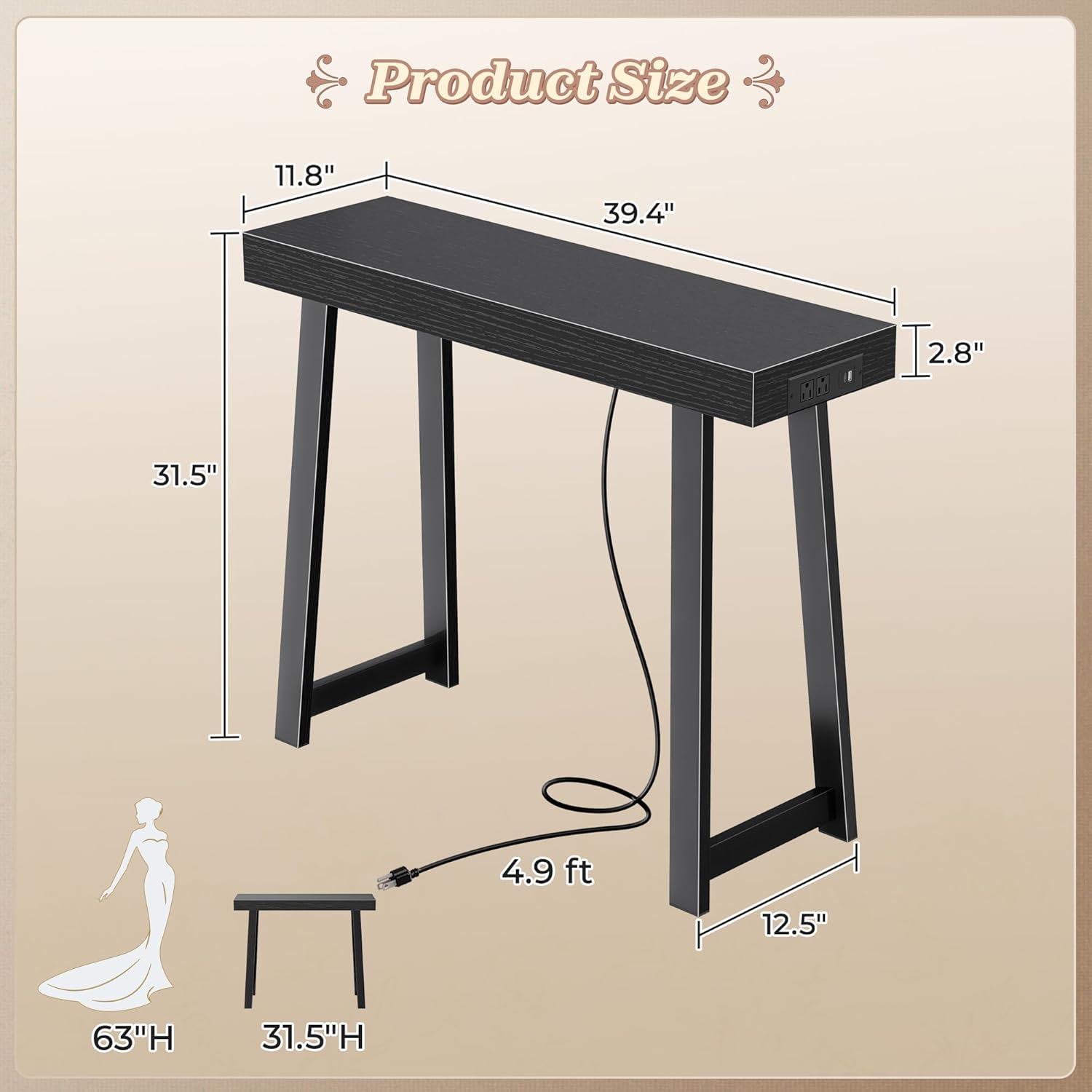 huuger entryway console table with charging station, usb-c port, 39.4 inch sofa table with metal legs, entry hallway table with thicker desktop, modern behind couch table, black 12.5"d×39.4"w×31.5"h black