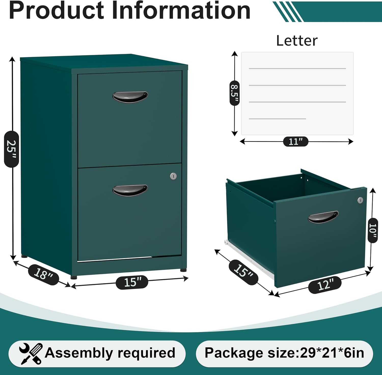 2 Drawer File Cabinet with Lock,Green Small Filing Cabinet for Home Office,Metal Vertical File Under Desk Cabinets for A4/Letter,Assembly Required