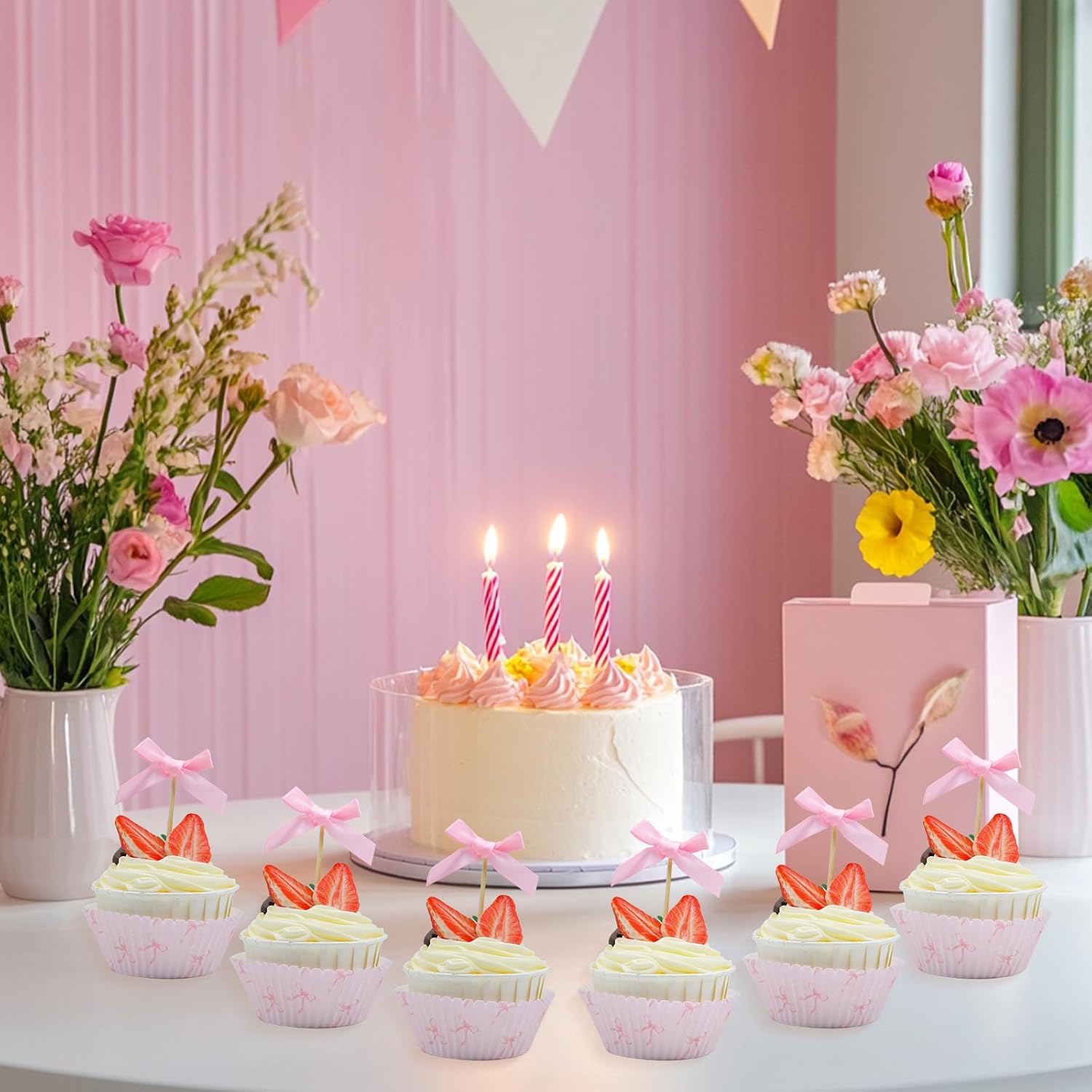 150pcs Bow Cake Decorations Set, 100pcs Pink Cupcake Liners and 50pcs Pink Bow Cupcake Toppers, Cupcake Decorations for Bridal Shower Baby Shower Birthday Bachelorette Engagement Wedding Party