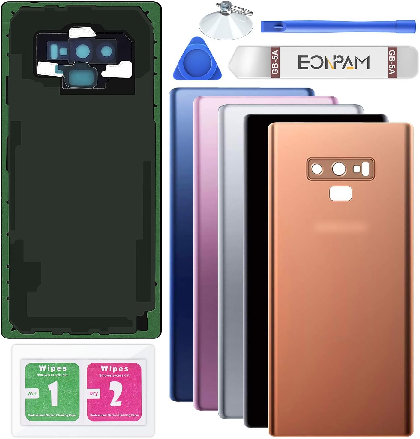 Back Glass Replacement for Samsung Galaxy Note 9 SM-N960 Back Cover Rear Housing with Camera Lens + Repair Tool Kit Genuine Rear Glass (Blue)